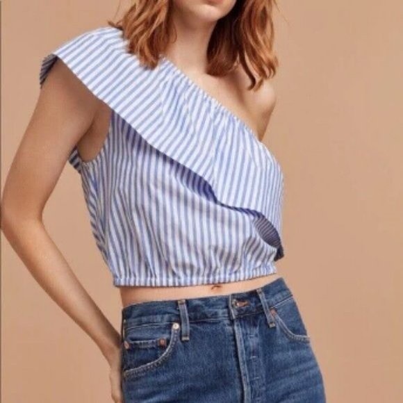 Wilfred (aritzia) small Blue/white Pinstripe Estée Blouse Ruffled one shoulder - Picture 1 of 4